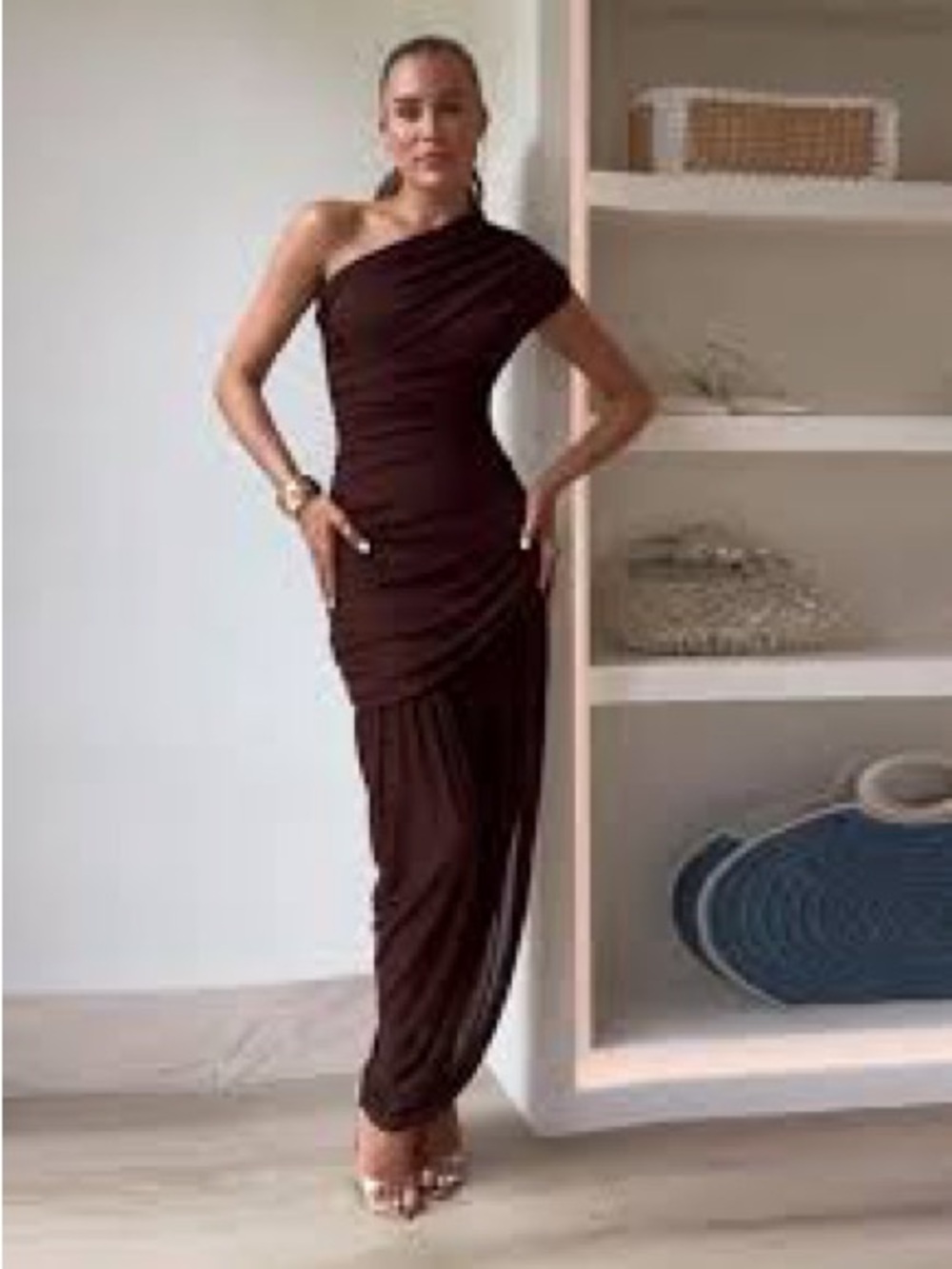 Zara one shoulder asymmetric Ruched Draped brown midi dress with side slit sz.XS